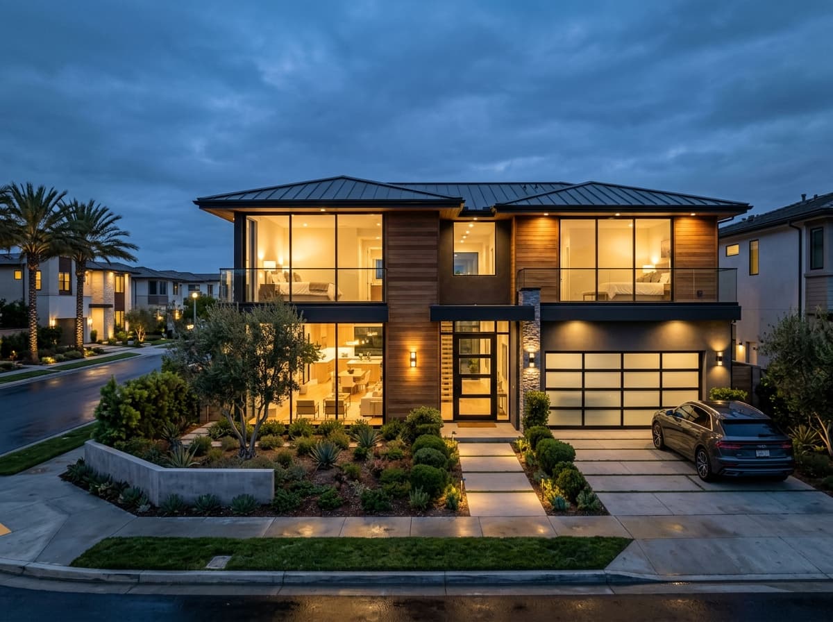two-story exterior, dusk