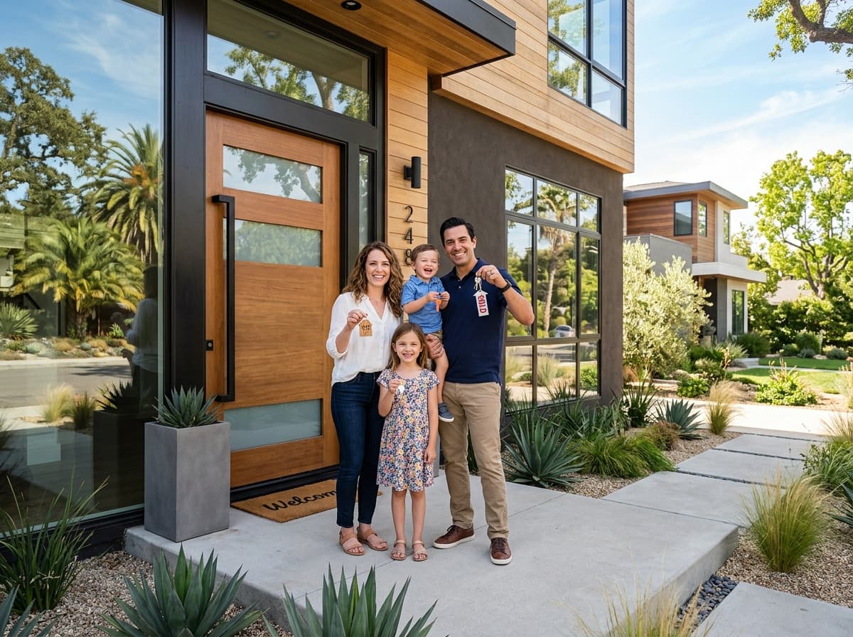 family at front door, keys in hand